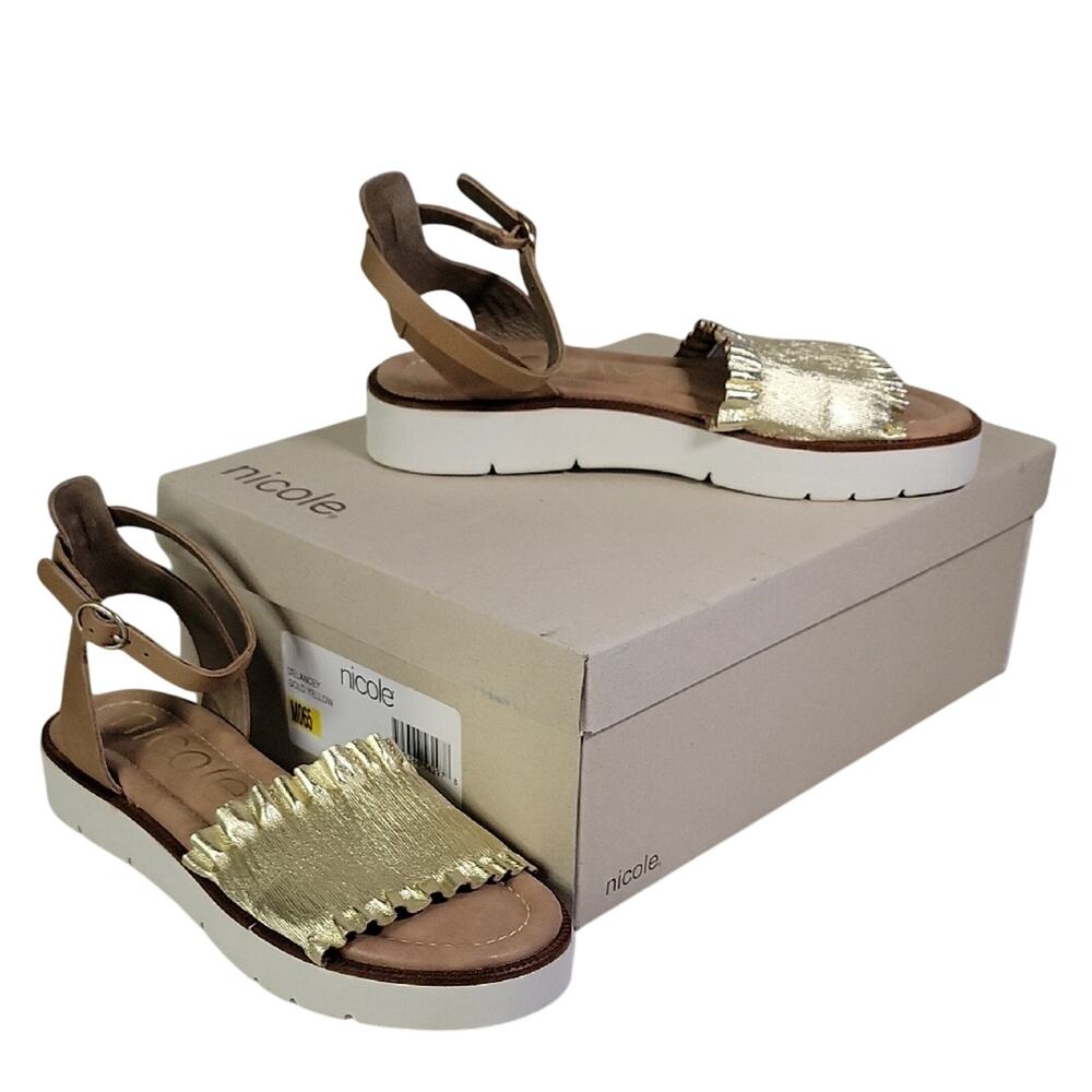 Nicole Delancey Leather Gold Ankle Strap Sandals Womens Size 6.5 NEW